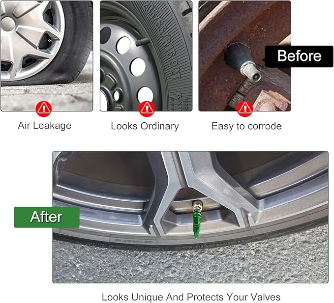 SINGARO 60mm Spiked Valve Caps,Aluminum Alloy Dustproof and Waterproof Tire Valve Stem Caps, Suitable for Cars, Trucks and Motorcycles (4PCS Green)
