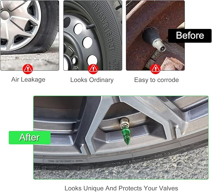 SINGARO 45mm Spiked Aluminum Stem Valve Caps, 4PCS Dustproof Tire Wheel Stem Caps for Cars, SUVs, Trucks Bicycles and Motorcycles(Green)