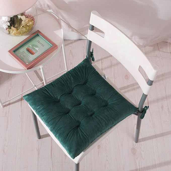 2 Pack Square Seat Cushion Chair Pads for Kitchen Dining Chairs, Soft Comfort Velvet Chair Mat Pillow Cushions with Ties for Office Desk Living Room Tatami 15.5", Dark Green
