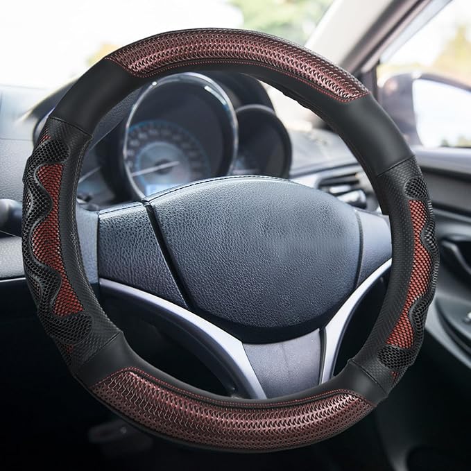 DaisyInner 18 Inch Semi Truck Steering Wheel Cover Heavy Duty Leather Wheel Comfy Grip Cover Anti Slip Car Accessory Fits Rv, Big Rig 18 Wheeler and Pickup (Red, Classic Style)