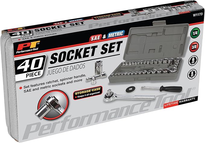Performance Tool W1173 SAE/Metric 40-Piece SAE and Metric Socket Set, 1/4-Inch & 3/8-Inch Drive