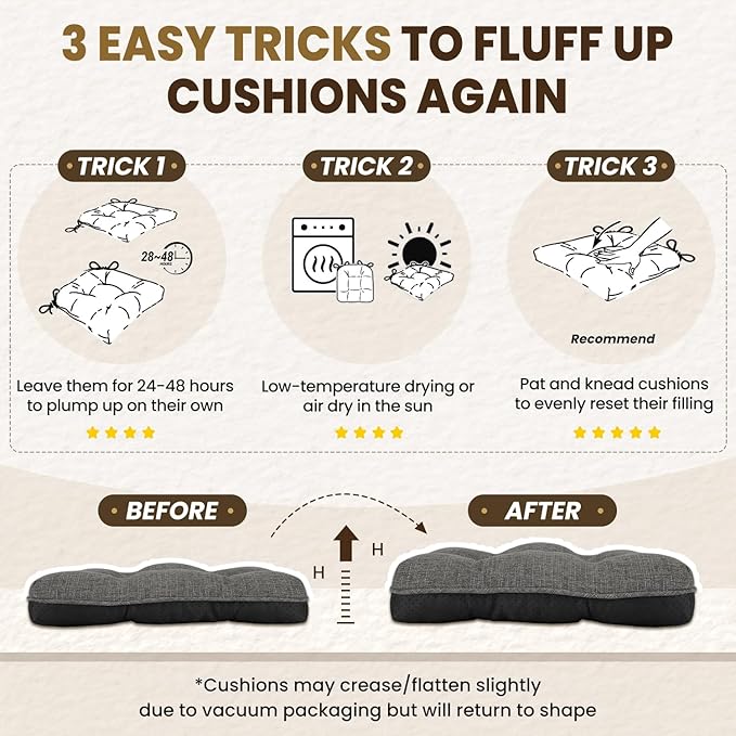 downluxe Indoor Chair Cushions for Dining Chairs, Tufted Overstuffed Textured Kitchen Chair Pads with Ties and Non-Slip Backing, 15.5" x 15.5" x 4", Dark Grey, 6 Pack