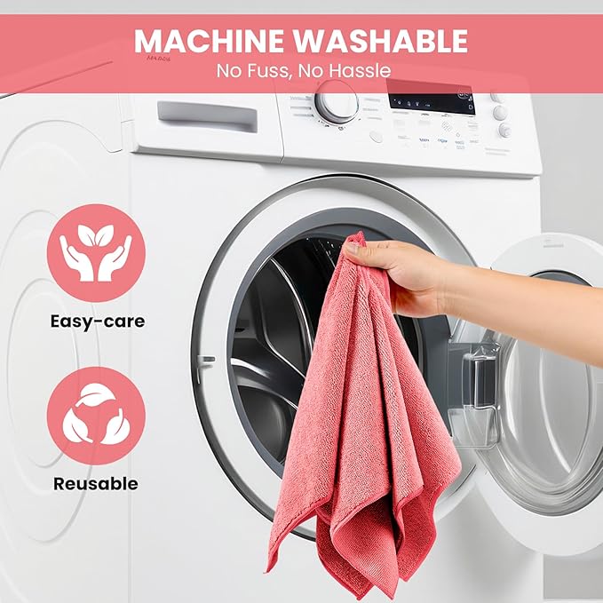 Microfiber Cleaning Cloth, 12 Pack Pink Cleaning Rags for Housekeeping, Reusable Microfiber Towels for Car, Kitchen, Bathroom and Household Cleaning Supplies, 11.8"X11.8"