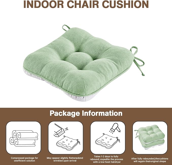 BETU Chair Cushions for Dining Chairs Set of 4,3.5" Thick Green Kitchen Chair Cushions Chair Pads with Ties,Non Slip Backing,Home Room Decor Seat Cushion,Bar,Patio Folding Chairs15.5"X15.5"X3.5"Green