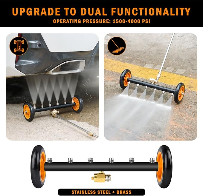 Undercarriage Pressure Washer Attachment, Siebwin 16" Dual-Function Water Broom for Pressure Washer Undercarriage Cleaner with 3 Pieces Extension Wand, 4000 PSI, Orange