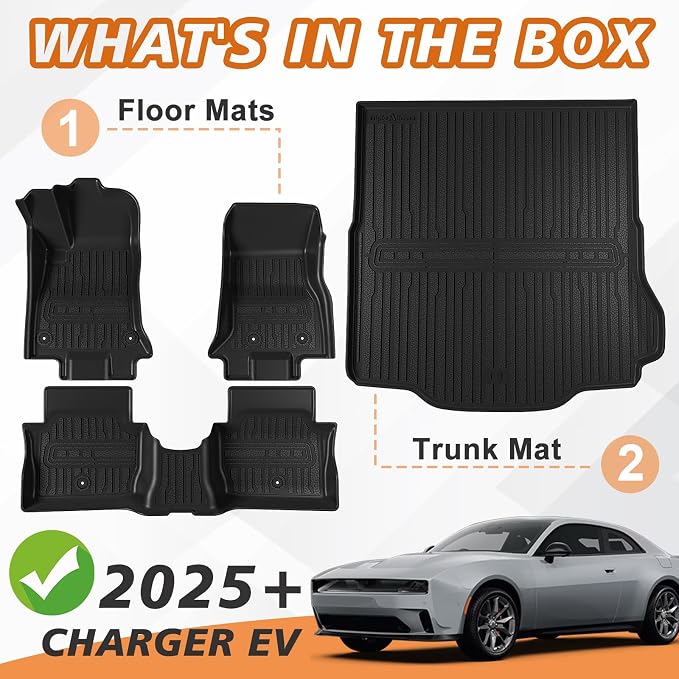 TripleAliners All-Weather Mats Compatible with 2026 2025 2024 Dodge Charger EV Accessories Floor Liners Trunk Cover Custom Fit TPE Heavy-Duty Liners (Floor & Trunk Mats)