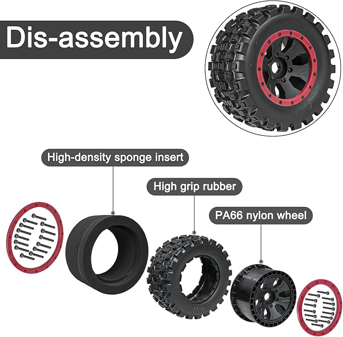 1/5 RC Tires and Wheels for Traxxas 1/5 X-MAXX 8S Arrma 1/5 Kraton 8S 1/5 Outcast 8S, RC Monster Truck Tires 24mm Hex Wheels (4PCS, Red)