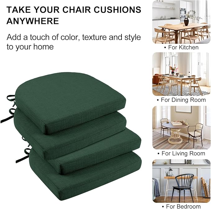Wellsin Chair Cushions for Dining Chairs 4 Pack - Kitchen Chair Cushions with Ties and Non-Slip Backing - Dining Chair Pads 16"X16"X2", Dark Green