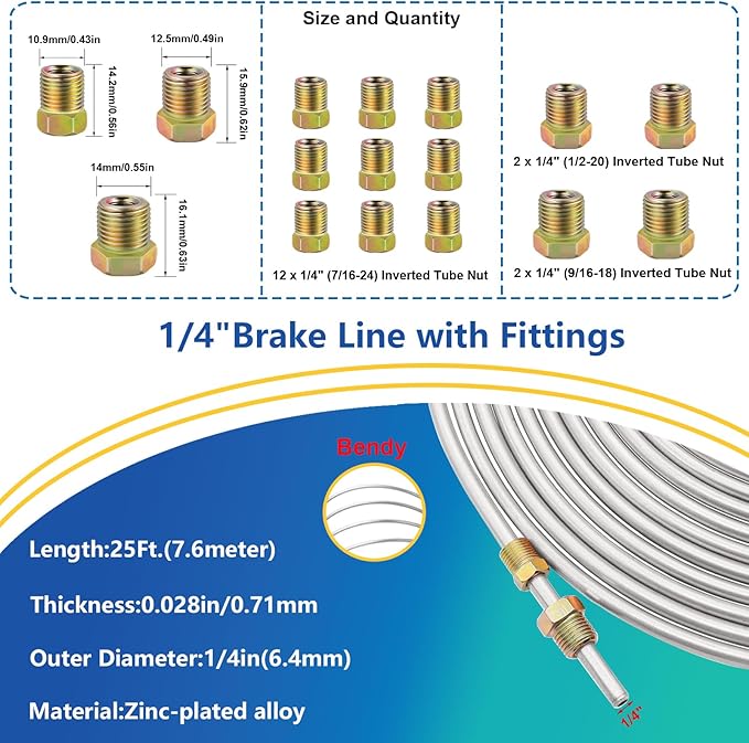 smseace 55Pack 3/16 Inch+1/4 Inch Brake line kit include 25 FT Zinc-plated brake lines with fitting(32pcs Fittings,4pcs Union+8pcs Nut) brake line bender,Single flare tool,cutter Brake line kit
