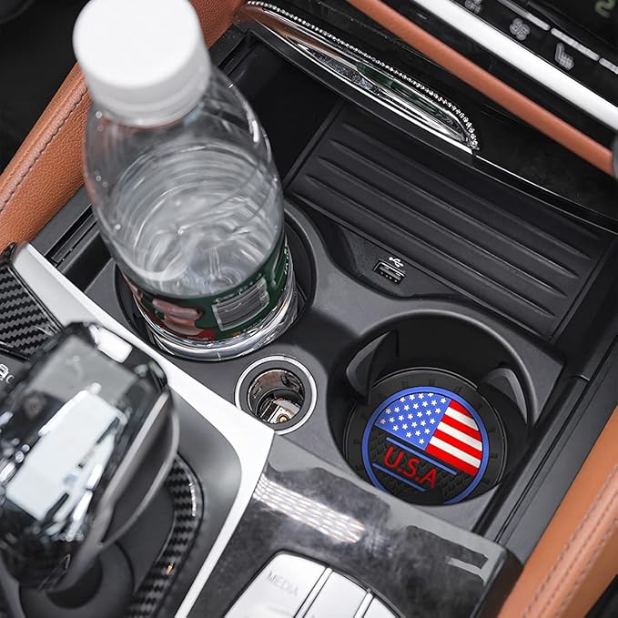 AUCELI 4 Pack Car Cup Holder Coasters, Colored American Flag US Flag Insert Car Cup Coaster, 2.75 Inch Anti Slip Shockproof Embedded Drink Mat, Vehicle Interior Decor Accessories