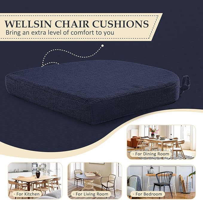 Wellsin Chair Cushions for Dining Chairs 4 Pack - Kitchen Chair Cushions with Ties and Non-Slip Backing - Dining Chair Pads 16"X16"X2", Navy