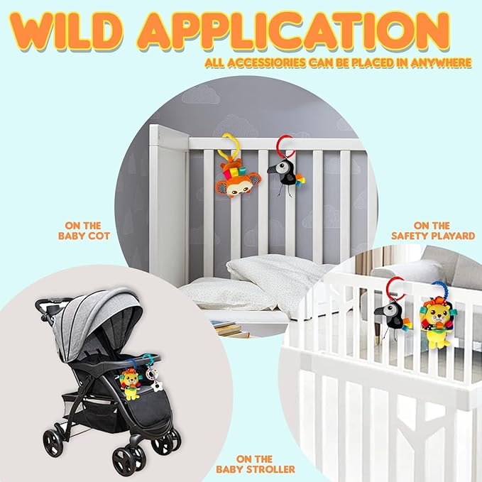 Baby Car Seat Animals Toys - Kick and Play Double Sided Infant Car Seat Toys with Plush Toys, Mirror, Teether for Baby, Babys Travel Activities, Christmas Birthday Gifts Newborn Infant Toys
