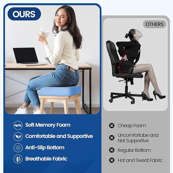 SweetSlubr Seat Cushion for Tailbone Pain Relief, Office Chair Cushion, Memory Foam Large Chair Cushion with Non-Slip Cover for Soft Support at Office Chair, Car Seat, Airplane Light Blue/Large