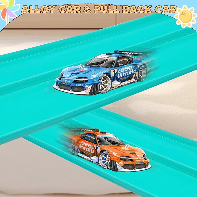 Flex Track 15 Ft Starter Set, Flexible Race Car Ramp Track for Ages 3 & Up with Suction Cups Compatible with Diecast 1/64th Cars