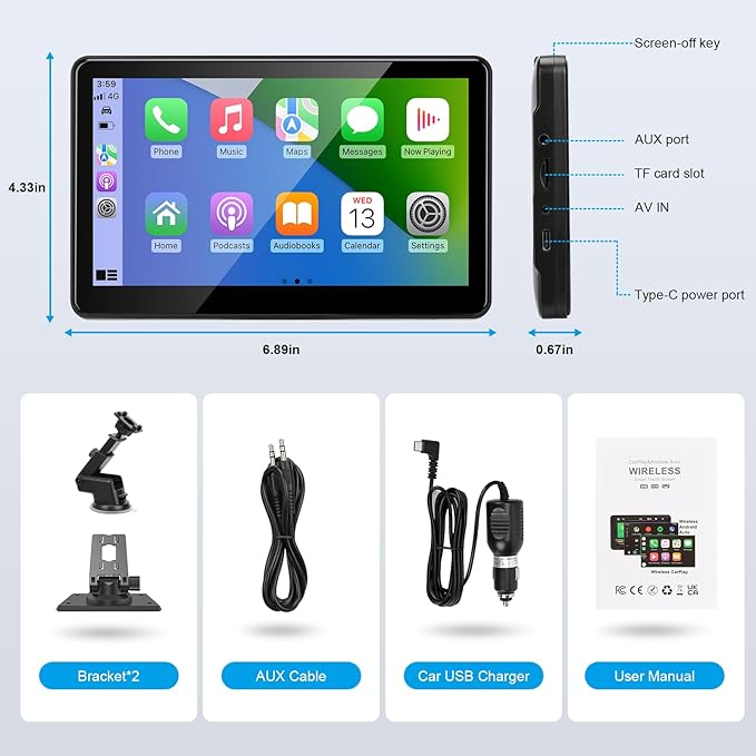 Portable Wireless CarPlay Screen for Car, 7" HD Touch Screen for Car with CarPlay and Android Auto, Pantalla para Carros with Bluetooth/AUX/FM Transmitter/Voice Control/Navigation for All Vehicles