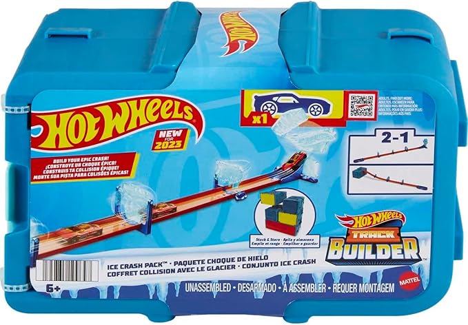 Hot Wheels Toy Car Track Set, Track Builder Ice Crash Playset, 10 Component Parts & 1:64 Scale Vehicle in Stackable Storage Box