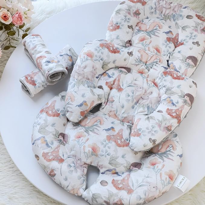 Infant Car Seat Insert Cushion, Super Soft Baby Car Seat Head Support & 2 Straps Pads, Reversible Preemie Newborn Carseat Insert, Fit Car Seat, Stroller, Infant Bouncer, Gray Animals
