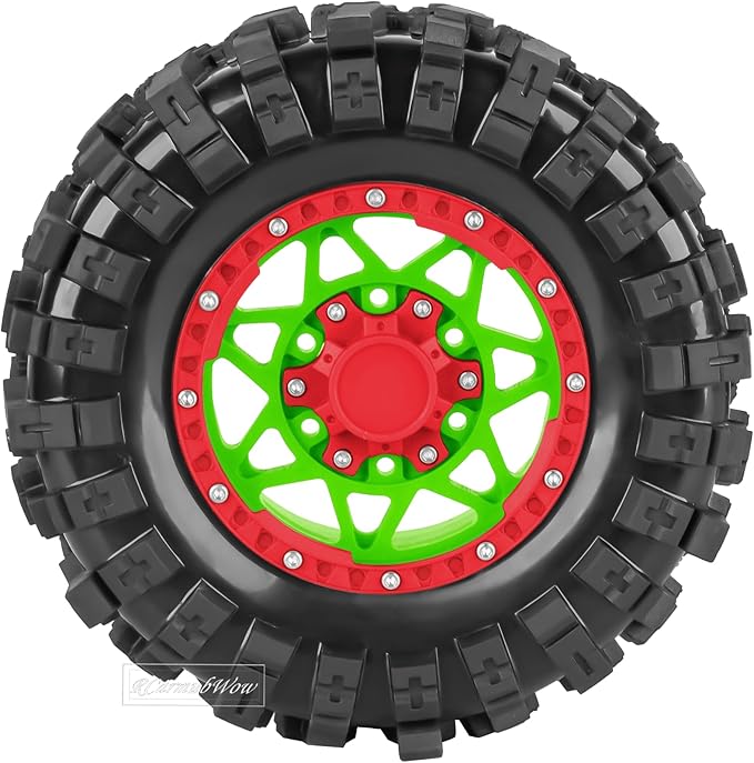1/10 Scale RC Truck Tires,Wheels and Tires w/12/14/17MM Hex for Rustler Stampede Hoss,Arrm a Granite Vorteks Big Rock 3S,1/10 Off Road Tires Rubber Truck Tyres w/Foam Insert,Green w/Red