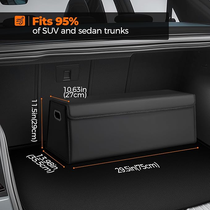 Fyzeoty Car Organizers and Storage - Trunk Organizer for Suv Car,Car Trunk Leather Storage Box,Extra Large,Magnetic Lid,Collapsible and Adjustable Trapezoidal-Black