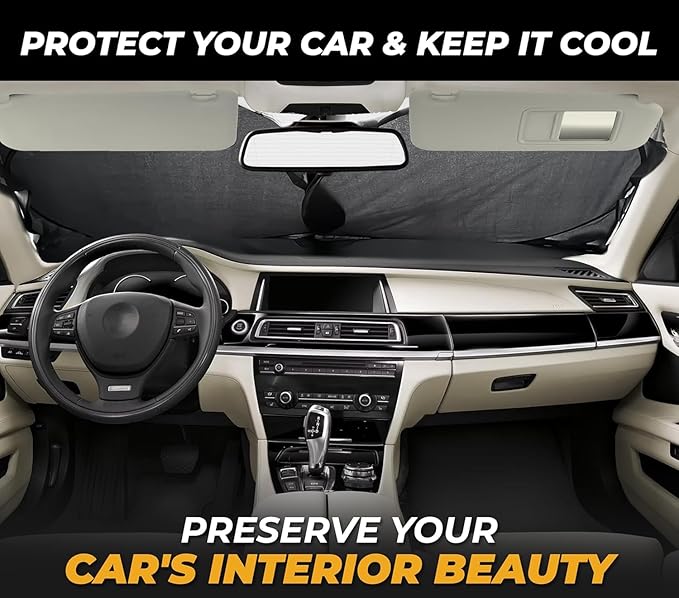 Car Sun Shade Windshield - 280T Reflective Polyester Sunshade, Medium Plus (64" x 33.5"), Blocks 99% UV Rays and Heat, Keeps Car Interior Cool, Foldable with Storage Bag, Compatible with Cars and SUVs
