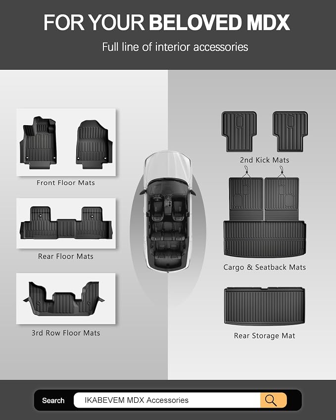 Floor Mats Fit for 2022-2026 Acura MDX - Custom Fit All Weather TPE Accessories Full Sets (Floor Mats + Cargo Liner + Backrest Mat)