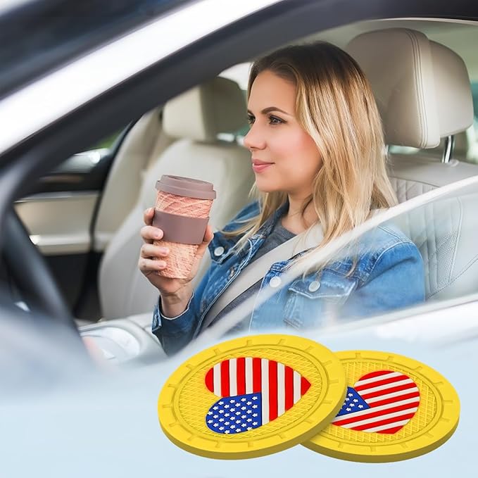AUCELI 2 Pack Car Cup Holder Coasters, Colored American Flag US Flag Insert Car Cup Coaster, 2.75 Inch Anti Slip Shockproof Embedded Drink Mat, Vehicle Interior Decor Accessories