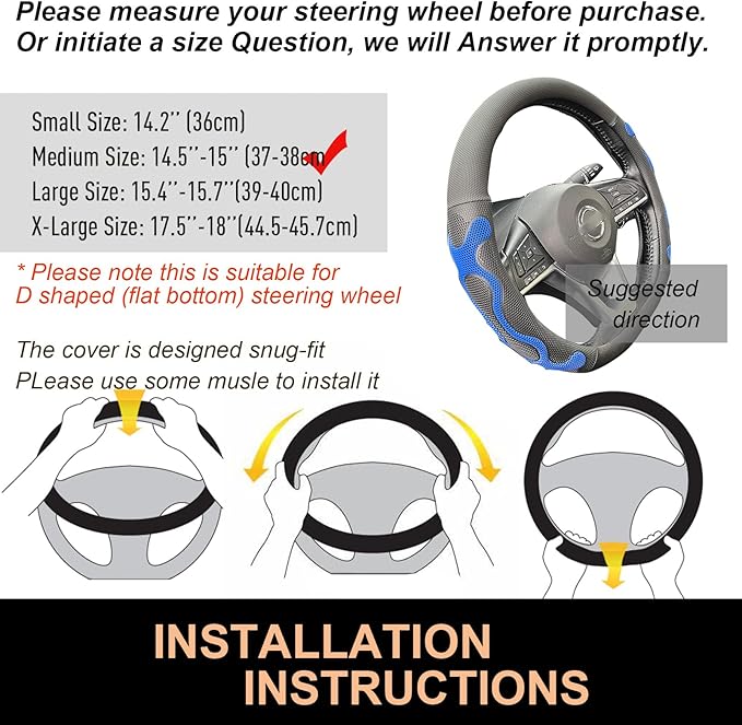 PINCTROT D Shaped Comfy Grip Steering Wheel Cover, Anti-Slip Design, Flat Bottom 14.5-15 Inch(Silicone Blue)
