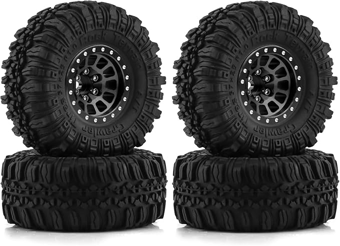 1.0 Beadlock Wheels and Tires 4pcs Aluminum Rim with 7mm Sleeve for RC Crawler Axial SCX24 Gladiator Bronco C10 Deadbolt AX24 TRX4M FCX24 Upgrade Parts (Black)