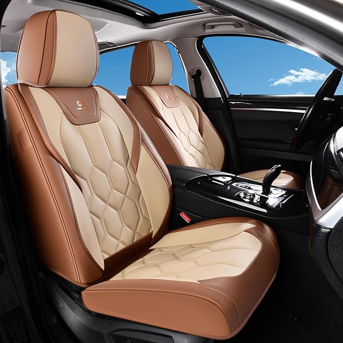 Huidasource Seat Covers Full Set, Universal Fit for Most Cars SUVs Trucks, Full Coverage Leather Seat Cover, Airbag, Cupholder Compatible, Seat Function Retain, Easy Install with Velcro, Brown&Beige