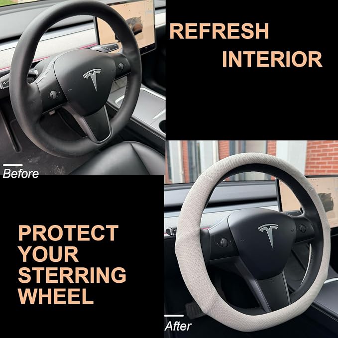 PINCTROT Supported Grip Nappa Leather Steering Wheel Cover for Tesla Model Y/3 Highland/Juniper, D Shaped 14 Inch Small Sized with Breathable Perforation, Flat Bottom 14 Inch(Cream White)