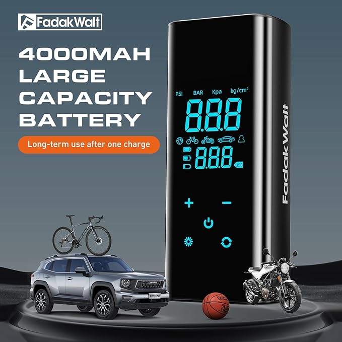 FADAKWALT Tire Inflator Portable Air Compressor, 150 PSI Cordless Air Pump with Digital Pressure Gauge, LED Light, Auto Shut-Off, for Car, Motorcycle, Bike, Ball – Not for Truck Tires
