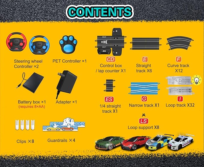 AGM MASTECH 18.7ft Slot Car Race Track Set,4 Official Licensed Light-Up Cars, Steering Wheel&Paw Controllers, Adjustable Speed, 4 Flashing Loop Tracks, Dual Power Modes, for Kids 8+, Family Racing Fun