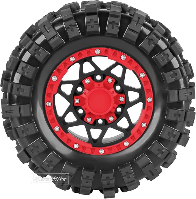 1/10 Scale RC Truck Tires,Wheels and Tires w/12/14/17MM Hex for Rustler Stampede Hoss,Arrm a Granite Vorteks Big Rock 3S,1/10 Off Road Tires Rubber Truck Tyres w/Foam Insert,Black w/Red