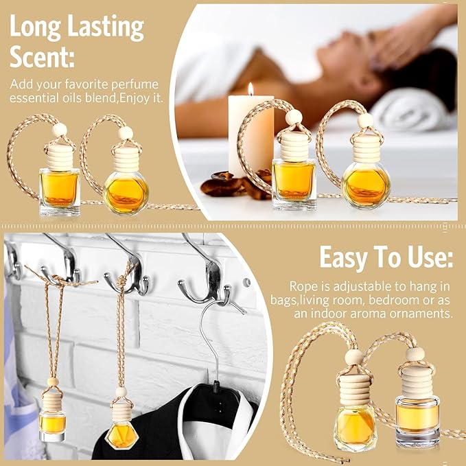 BOTO 100 Pcs Oil Air Freshener Diffuser with Wooden Cap Empty Essential Diffuser Aromatherapy Car Fresheners Clear Car Fragrance Holder Pendant Aesthetic Decor Hanging Perfume Bottle (Various Style)