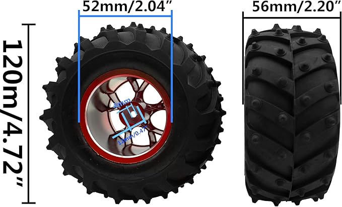 4.72''OD Rubber Tires & Wheel Rim 12mm Hex Hub Compatible with RedCat Volcano Traxxas Rustler HPI HSP Tamiya Exceed Himoto 1/10 Off-Road Monster Truck,120mmx56mm (Red)