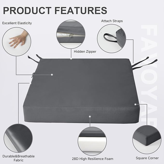 Favoyard Patio Chair Cushions 18.5 x 16 x 3 Inch Waterproof Outdoor Seat Cushions for Patio Furniture 3-Year Color Fastness Garden Sofa Couch Pads with Handle & Adjustable Straps Set of 2, Dark Grey