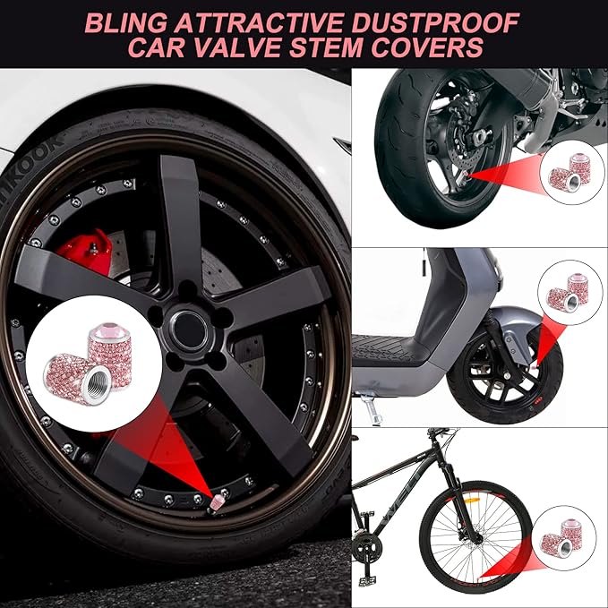 Alpmosn Car Wheel Tire Valve Caps, 4 PCS Bling Tire Valve Caps, Crystal Tire Caps Shinny Rhinestone for Women, Universal Car Dustproof Tire Valve Caps for Cars, Trucks, SUV and Motorcycles (Pink)