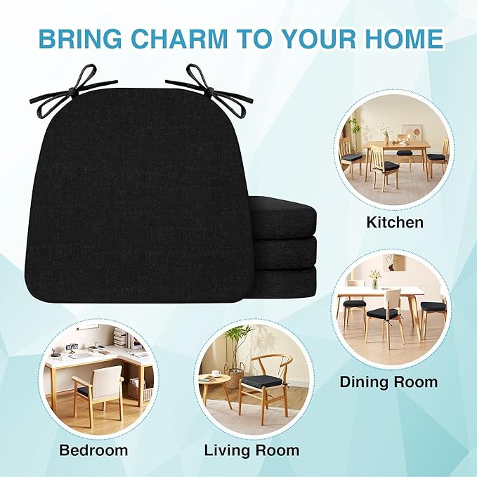 IASEAHK Chair Cushions for Dining Chairs Set of 4, Non Slip Kitchen Chair Pads, 17" x 16" x 2", Indoor Dining Chair Cushions with Ties, D-Shaped Seat Cushions for Kitchen Chairs, Black