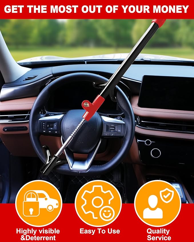 Tevlaphee Car Steering Wheel Lock Great Deterrent Adjustable Car Lock Steering Wheel Anti Theft Car Device for Vehicles,Trucks,Vans,SUVs (Black)