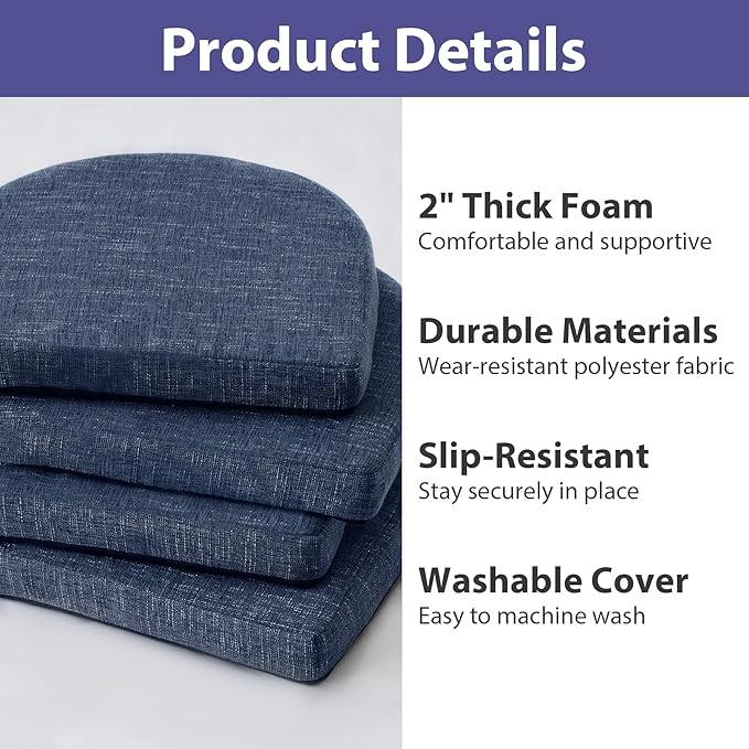 IPYNBAP Chair Cushions for Dining Chairs, Kitchen Chair Cushions, 16'' x 16'' x 2'', Non Slip Indoor Seat Cushions, Chair Pads for Dining Chairs with Ties & Removable Cover, Set of 2, Navy