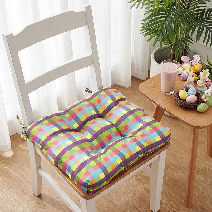 Geetery 4 Pack Chair Cushions for Dining Chairs, 16" x 15" Easter Kitchen Chair Cushions with Ties Buffalo Plaid Soft Comfy Seat Pads for Home Office Living Room Outdoor Indoor