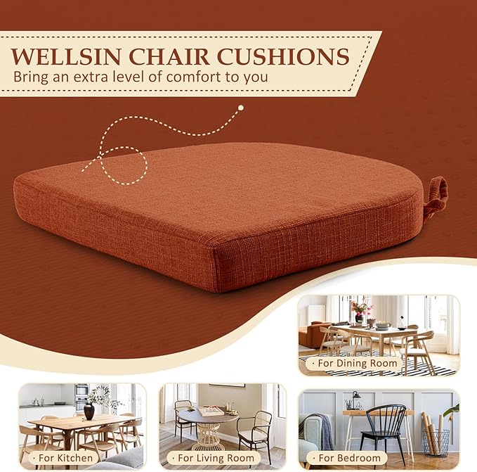 Wellsin Chair Cushions for Dining Chairs 6 Pack - Kitchen Chair Cushions with Ties and Non-Slip Backing - Dining Chair Pads 16"X16"X2", Orange