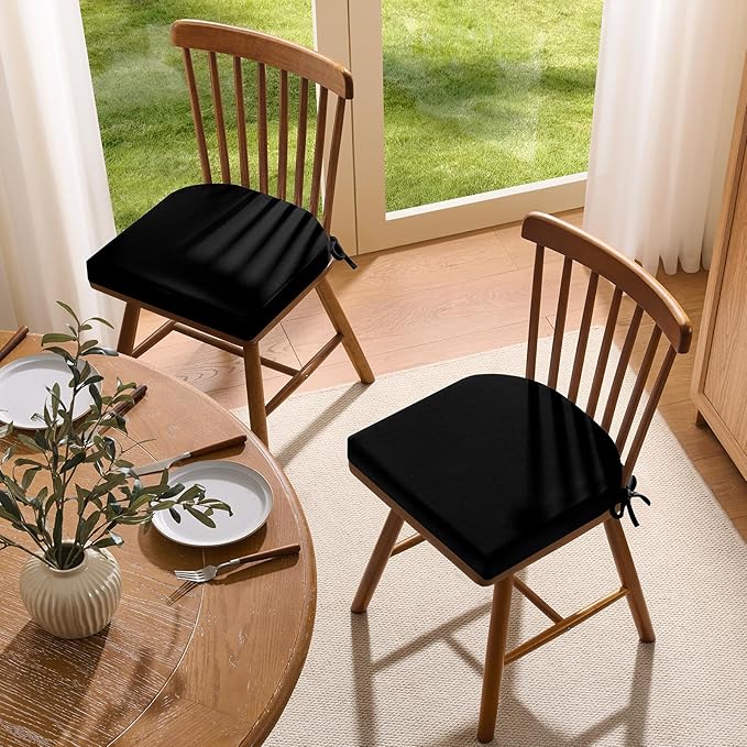 downluxe Chair Cushions for Dining Chairs, Memory Foam Linen Kitchen Chair Pads with Ties, Waterproof, Stain-Resistant and Washable Cover, 17" x 16" x 2.5", Black, 2 Pack