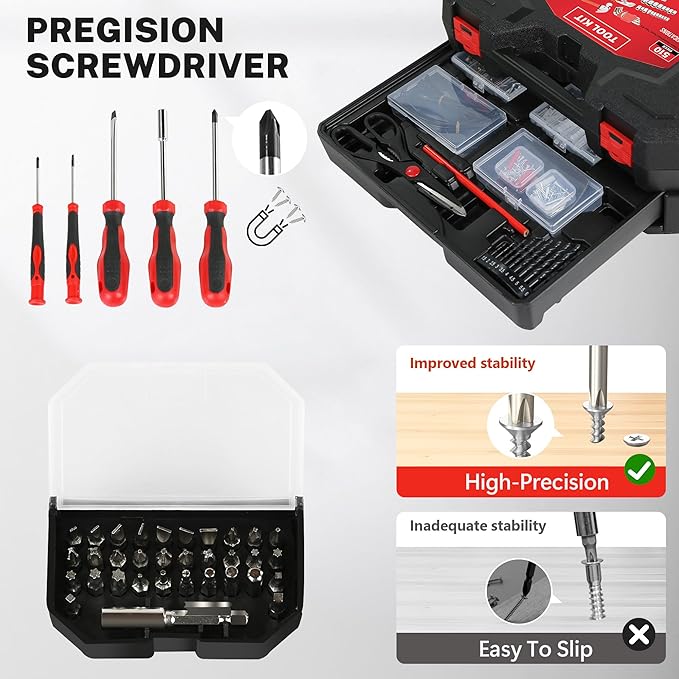500-Piece Home Repair Tool Set with Drawer Toolbox – Comprehensive Household & Auto Maintenance Kit for DIY Enthusiasts, Homeowner, Handyman (500 PCS Black+Red)
