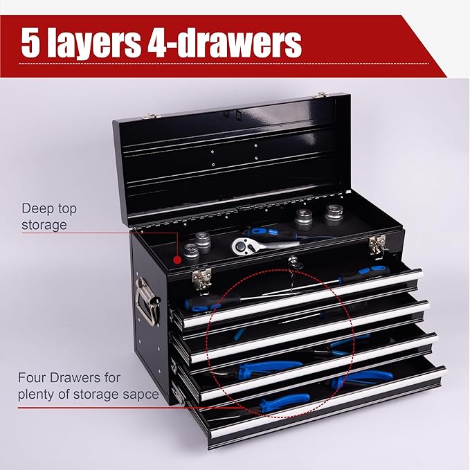 21" Portable 4 Drawer Steel Toolbox, 5 Layers of Tools with Metal Latches, with Top Storage Tray and Carrying Handle, Multi-Function Tool Chest for Garage, Home,or Workbench(black)