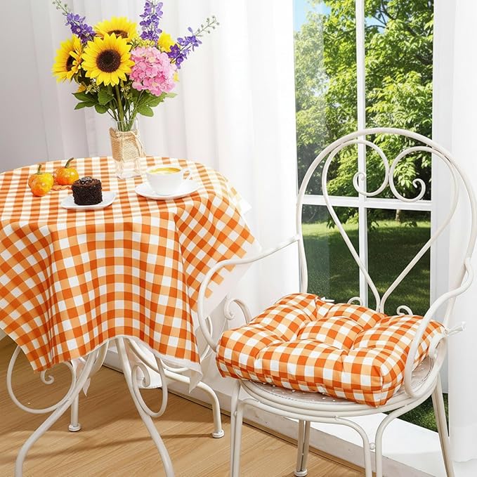 Geetery 4 Pack Chair Cushions for Dining Chairs, 16" x 15" Orange Kitchen Chair Cushions with Ties Buffalo Plaid Soft Comfy Seat Pads for Home Office Living Room Outdoor Indoor