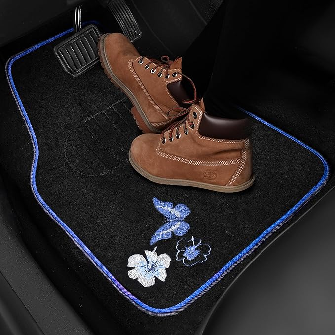 CAR PASS Universal Fit Embroidery Butterfly and Flower Car Floor Mats, Blue Car Floor Mats Fit 95% Automotive,SUVS,Sedan,Vans,for Women,Girly,Set of 4 (Black with Blue)