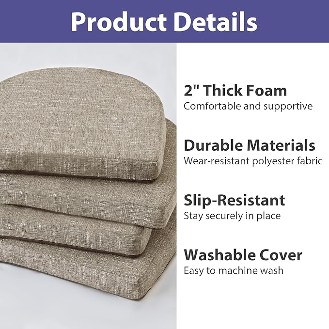 IPYNBAP Chair Cushions for Dining Chairs, Kitchen Chair Cushions, 16'' x 16'' x 2'', Non Slip Indoor Seat Cushions, Chair Pads for Dining Chairs with Ties & Removable Cover, Set of 6, Khaki
