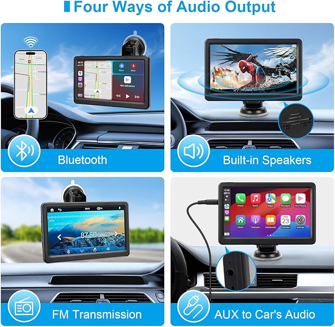 Wireless Carplay Screen for Car, 7" HD Touch Screen Portable Car Stereo for Carplay & Android Auto, Pantalla para Carros with Bluetooth, AUX, FM Transmitter, Voice Control