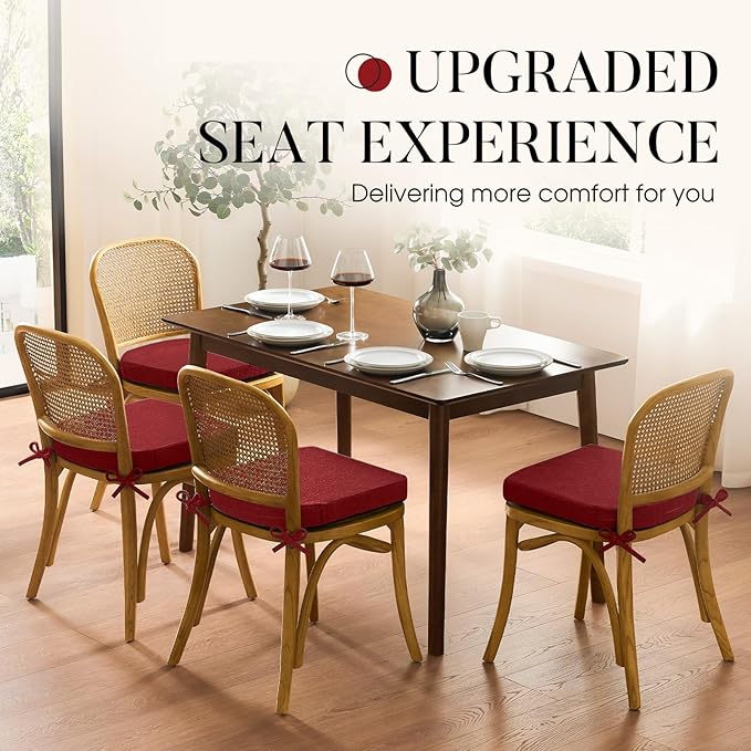 Basic Beyond Chair Cushions for Dining Chairs with Ties and Removable Cover, 2" Thick Seat Cushions for Kitchen Chairs, Set of 6, 17" x 16", Red